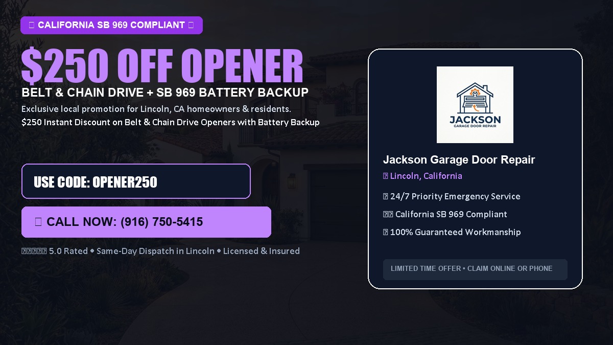 $250 OFF Smart Garage Door Opener Installation (Belt & Chain Drive with California SB 969 Battery Backup) in Lincoln, CA